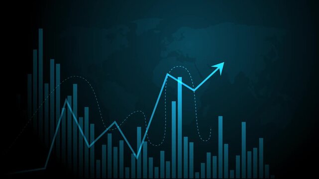 Business chart with bar graph rising line and upward arrow over a faint world map animation, Business growth analytics and market success