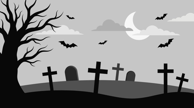 Spooky graveyard scene with flying bats and a crescent moon at night