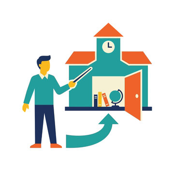 Vector illustration of a teacher pointing towards a school building