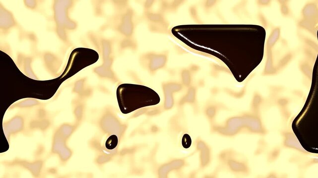Dark chocolate syrup dripping and spreading on a creamy yellow surface, a sweet dessert topping, delicious food background, confectionery and baking ingredient