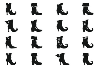 Obraz premium Halloween witch boots, black silhouette vector set, spooky fantasy footwear clipart for stickers and printable crafts