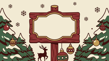 Festive wooden sign surrounded by decorated pine trees and a reindeer silhouette © bordy