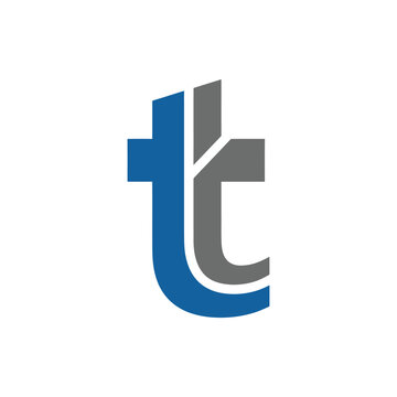 Modern blue and grey double letter T monogram logo design on white background