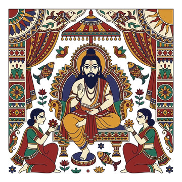 Traditional Indian Madhubani painting depicting a seated sage with attendants