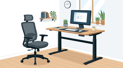 Fototapeta premium Modern Home Office Setup: An ergonomic chair and height-adjustable desk create an efficient and stylish workspace, complete with a computer, plants, and desk accessories.
