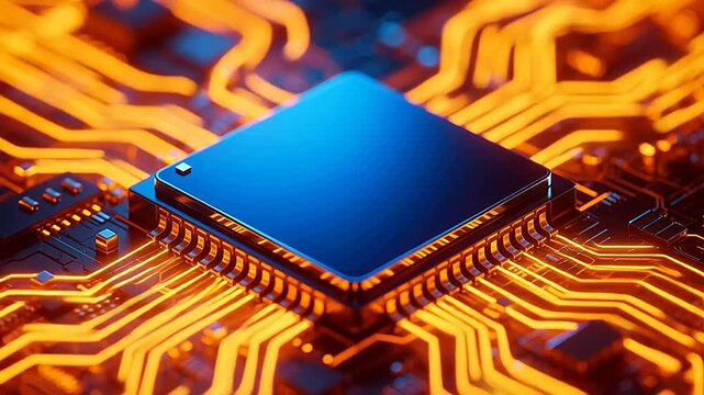 Deep blue microchip on glowing circuit board
