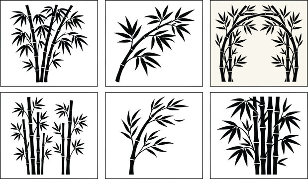 Bamboo stalks silhouette collection black and white botanical illustrations on white background