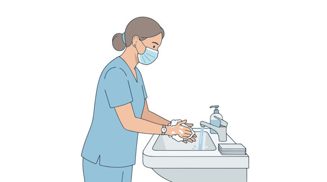 Healthcare Hygiene: A healthcare professional, wearing a face mask and scrubs, meticulously washes their hands at a sink with soap and running water, demonstrating diligent hygiene practices.
