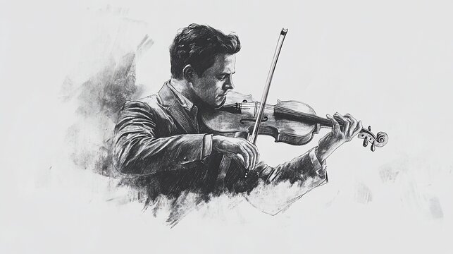 B&W sketch of a man playing the violin. Detailed illustration of musician in action, focused