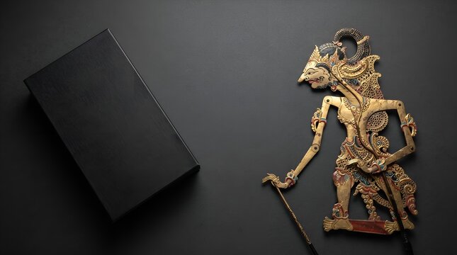 Traditional Javanese Wayang Kulit Shadow Puppet on Black Background.