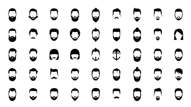Heads with Various Hairstyles and Beards in Black and White Vector Illustration Featuring Facial, Hair, Beard with Mustache