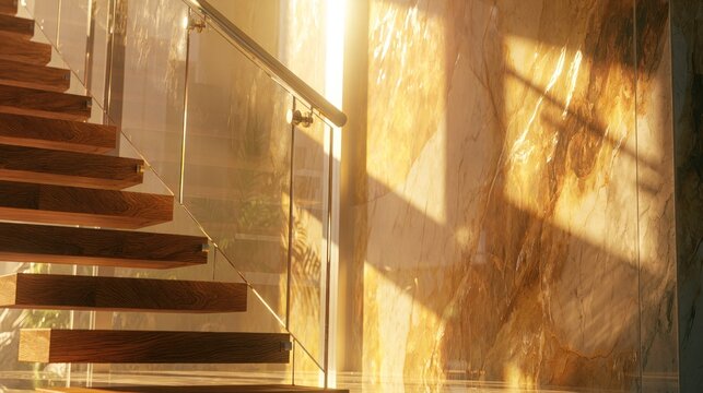 Floating wooden staircase against sunlit marble wall