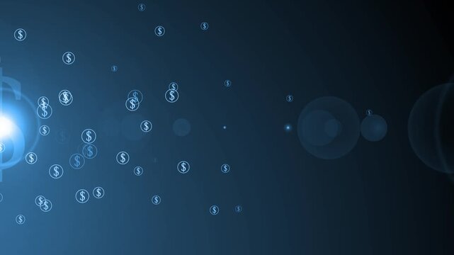Glowing dollar symbols floating on a dark background with light flare and bokeh animation
