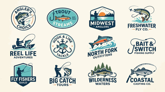 Fishing Logo Collection: Trout, Bass, Fly Fishing, Angler's Choice, Reel Life, Freshwater, Coastal, Wilderness, Bait & Switch, Midwest Anglers