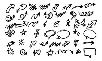 Obraz premium Hand drawn doodle arrows, hearts, stars, and speech bubbles, sketch design elements collection