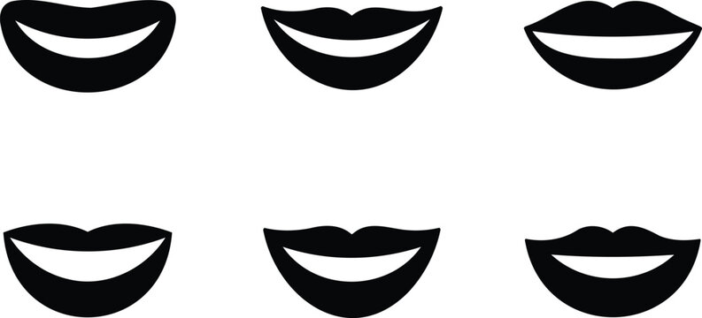 Set of various smiling lips icons in different shapes and expressions