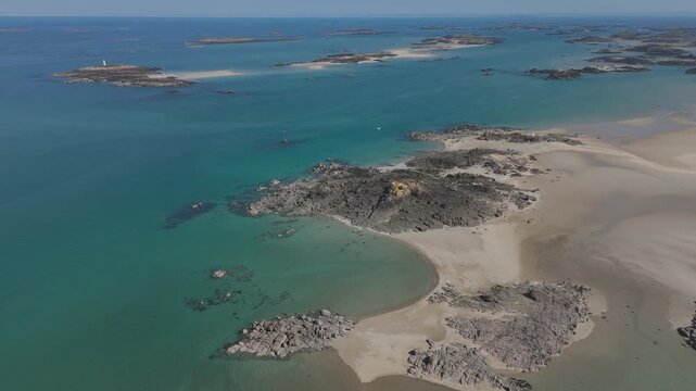 Aerial view of the wild Chausey archipelago and its rocks, Normandy, France