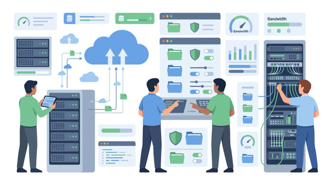 IT Professionals Managing Cloud Servers and Data Centers with Network Infrastructure and Monitoring Dashboards