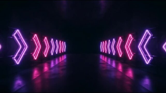 Futuristic neon arrow lights in a dark concrete corridor tunnel