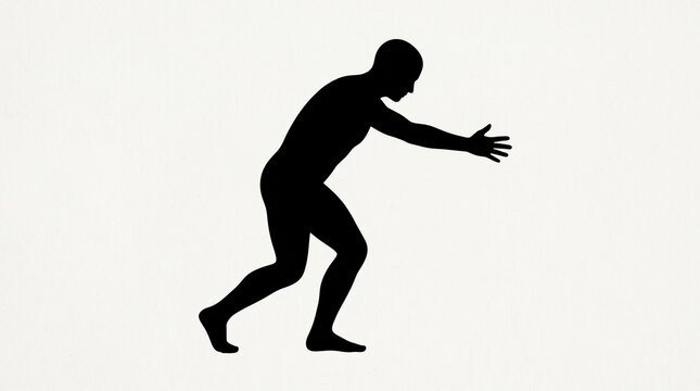 Black Human Silhouette Reaching Forward with Outstretched Arms in Dynamic Standing Pose Isolated on White Background, Symbolizing Help, Balance, Movement, Communication, Support, Connection, Action, G