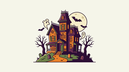 A spooky haunted mansion stands under the glowing full moon at night © care