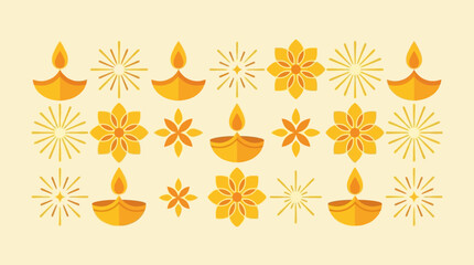 Festive yellow diya lamps and floral patterns on a light background © cantik