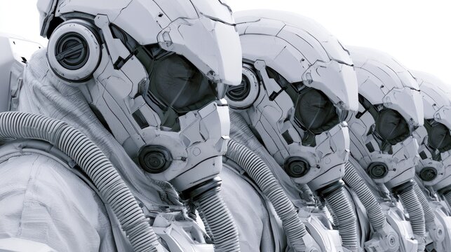Futuristic soldiers in white armored space suits.