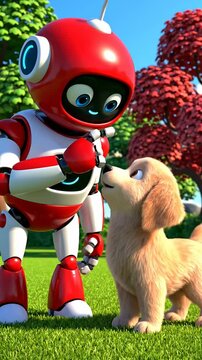 Red robot interacting with small dog in sunny park.