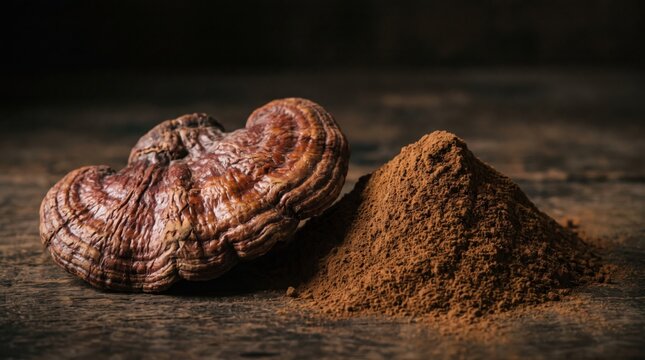 Reishi mushroom and powder on a wooden surface, showcasing natural health supplement.