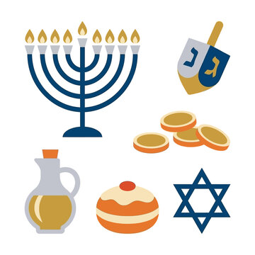 Flat vector illustration of traditional Hanukkah holiday symbols on white background