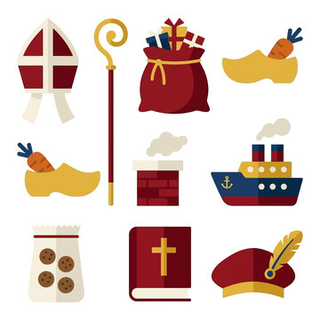 Flat design vector icons set for the Dutch Sinterklaas holiday celebration