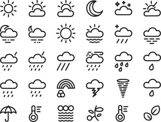 Naklejka premium Weather Icons Set with Various Conditions and Symbols in Black Outline Style Featuring Icon, Forecast, Cloud with Sun and Moon