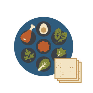 Vector illustration of a traditional Jewish Passover Seder plate with matzah bread