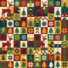 Colorful geometric Christmas pattern with reindeer and trees © danuar