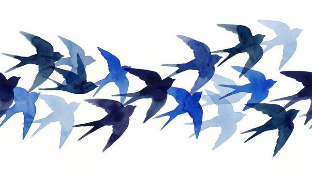 Watercolor flock of blue swallow birds flying in migration pattern on white background artistic illustration