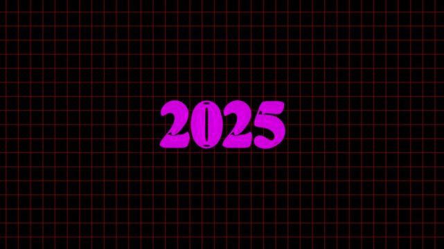 Numbers display twenty twenty five in a vibrant purple hue centered over a dark digital grid background, representing upcoming annual planning, future projections, and modern calendar year.