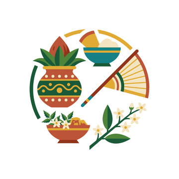 Traditional Indian Ugadi festival elements arranged in a circular design