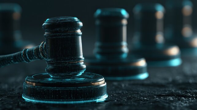 Glowing digital gavel on dark textured legal surface.
