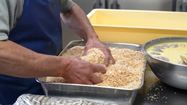 The process involves dipping formed meat portions into yellow batter and applying crisp breadcrumbs to create even textures for cooking applications in a high volume professional culinary kitchen sett