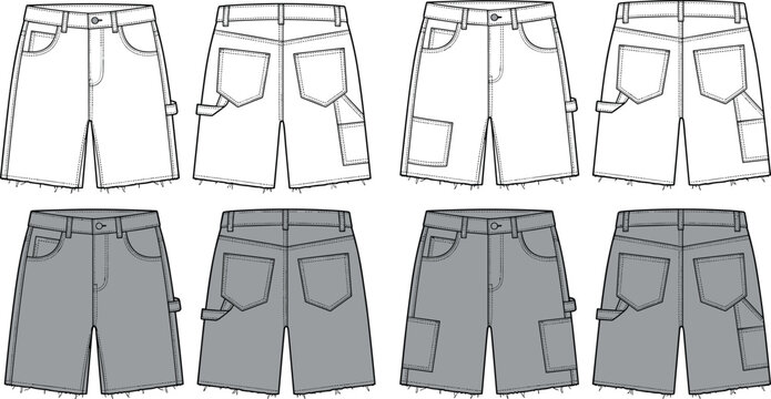 Fashion technical sketch of men cargo denim shorts vector template in front and back views