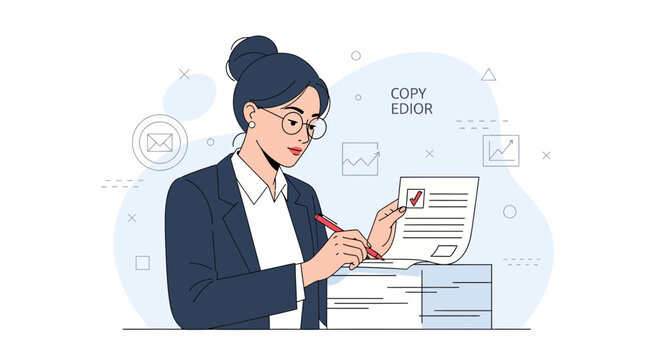 Professional Woman Editor Reviewing Documents, Symbolizing Editing, Proofreading, and Business Analysis