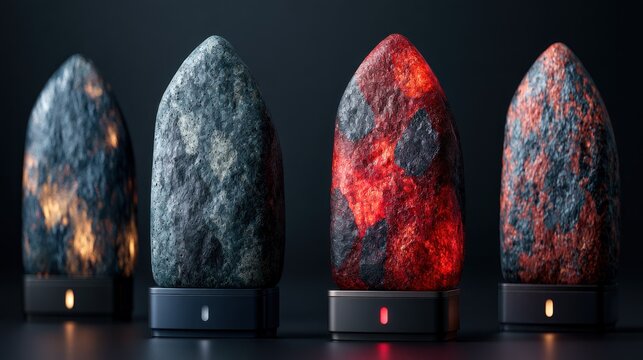 Glowing volcanic rock monoliths on black display pedestals.