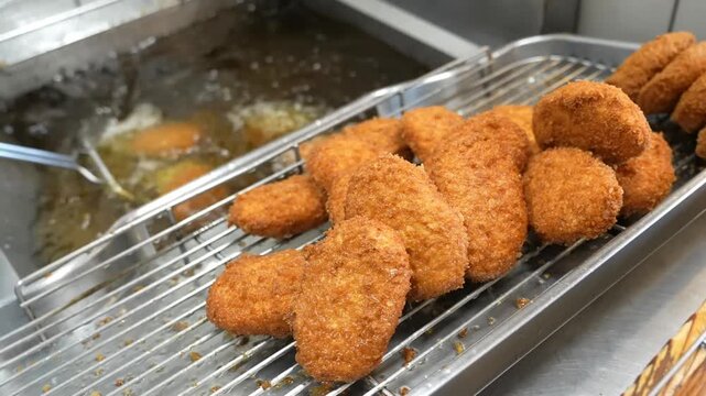Crispy golden meat croquettes are expertly deep fried and packed in containers for retail service while hands reveal the savory seasoned filling inside the crunchy breaded crust layer for customers