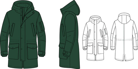 Men winter parka jacket technical sketch fashion vector illustration with front side back views © MdAminur