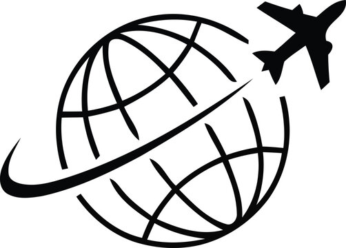 Airplane flying around globe icon illustration