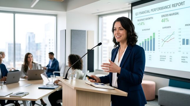 Confident businesswoman presents financial report in modern boardroom