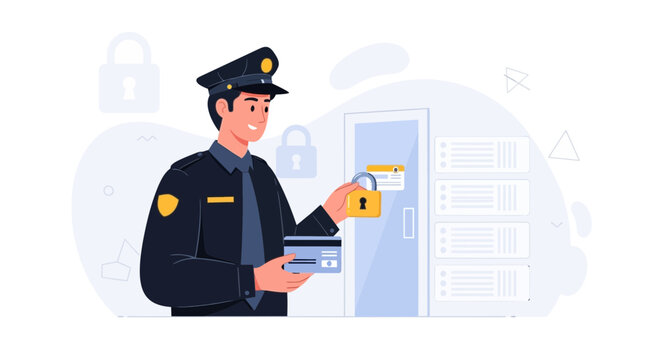 Security Guard with Credit Card Securing Server Room Door with Padlock, Representing Data Protection and Access Control