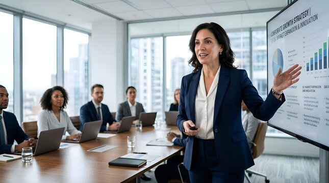 Confident businesswoman presents sales growth chart on screen in modern boardroom meeting