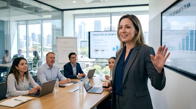 Confident Female Presenter Leads Business Meeting in Modern Office