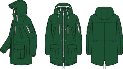 Winter hooded parka jacket vector technical sketch with front back and side views © MdAminur